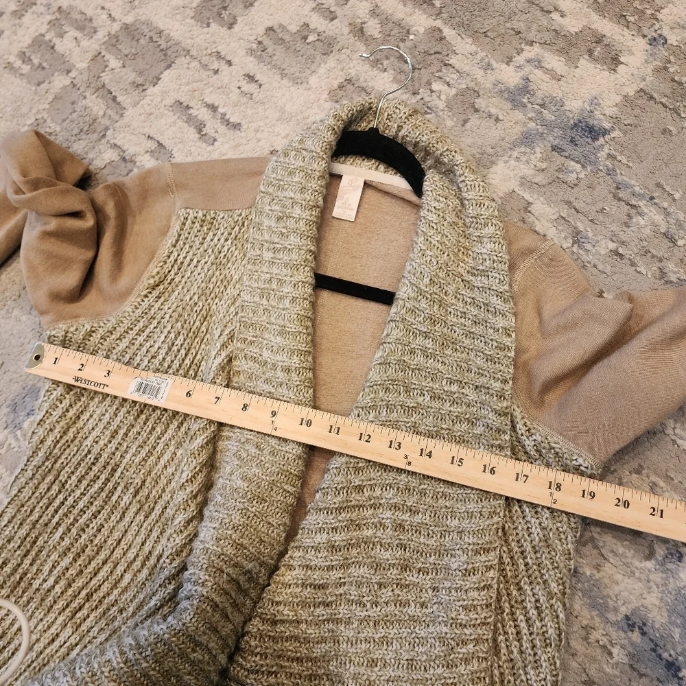 Prana wool-blend tan‎ demure drape cardigan.  Women's size medium